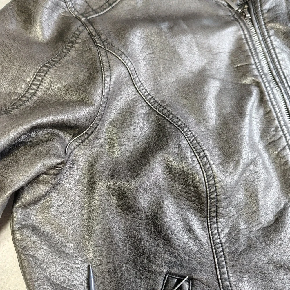 Cruel Womens Faux Leather Biker Jacket Metallic Black Leopard Lining XL - Picture 14 of 15